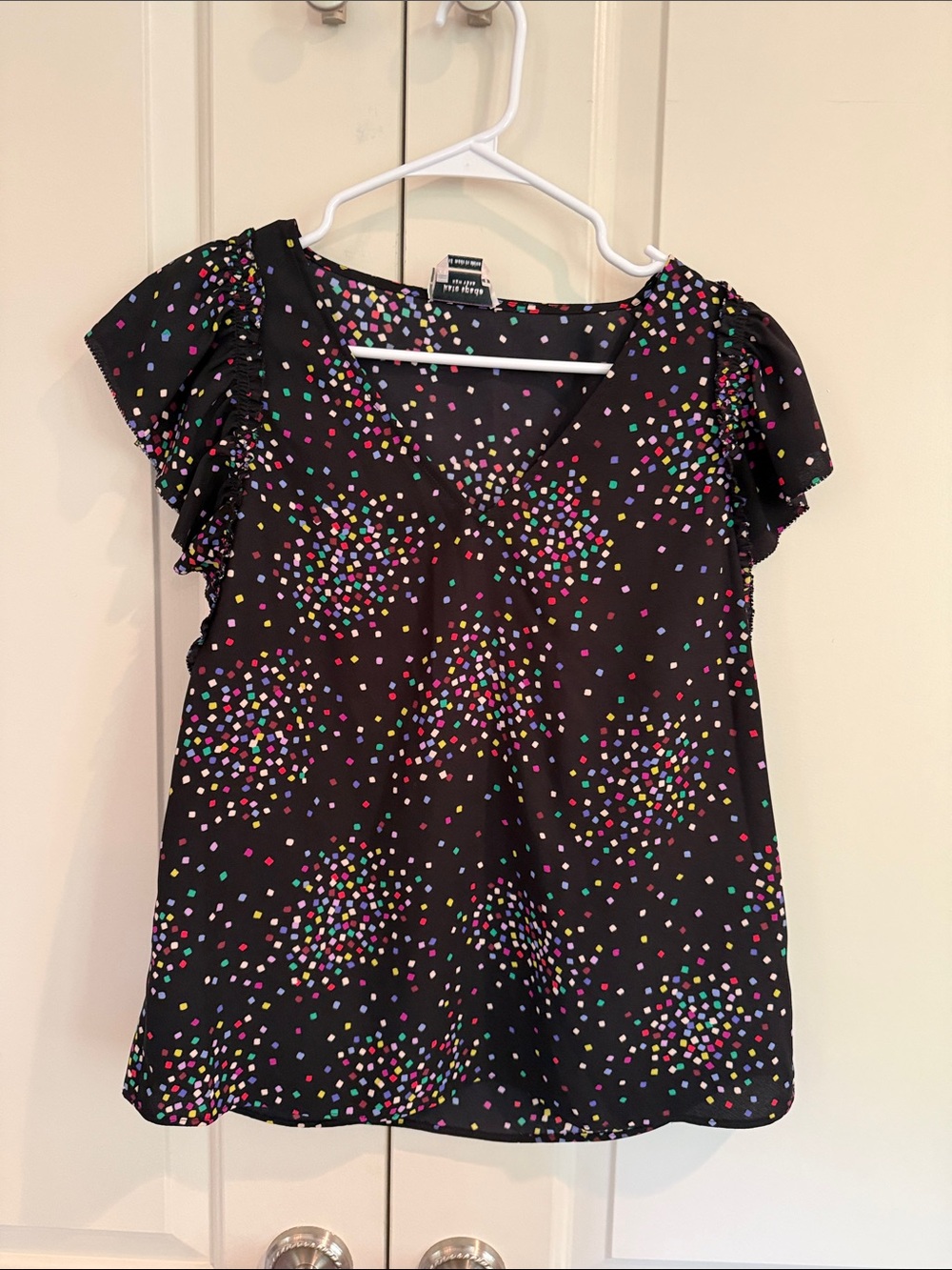 Kate Spade xs Black Ruffle Sleeve Top with Multicolor Confetti Dots
